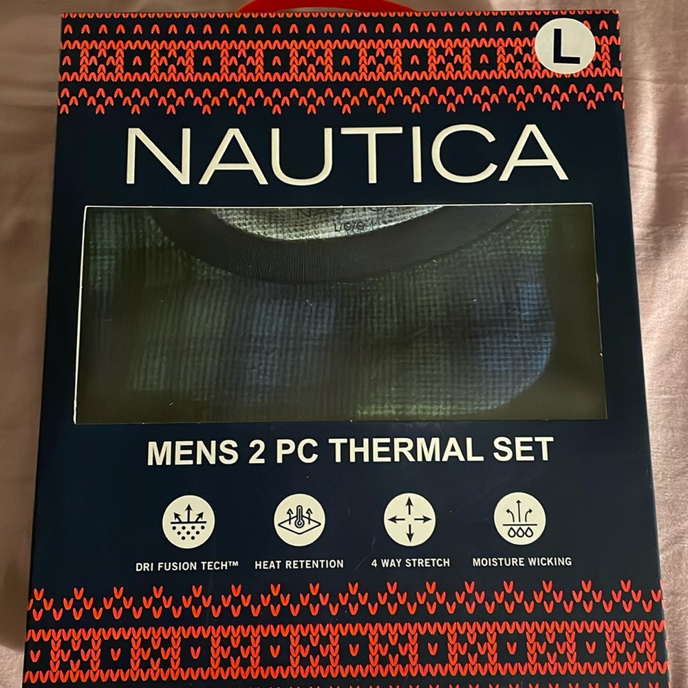 Nautica Mens Thermal Set Waffle Knit Navy Blue Green Plaid Pajama size L